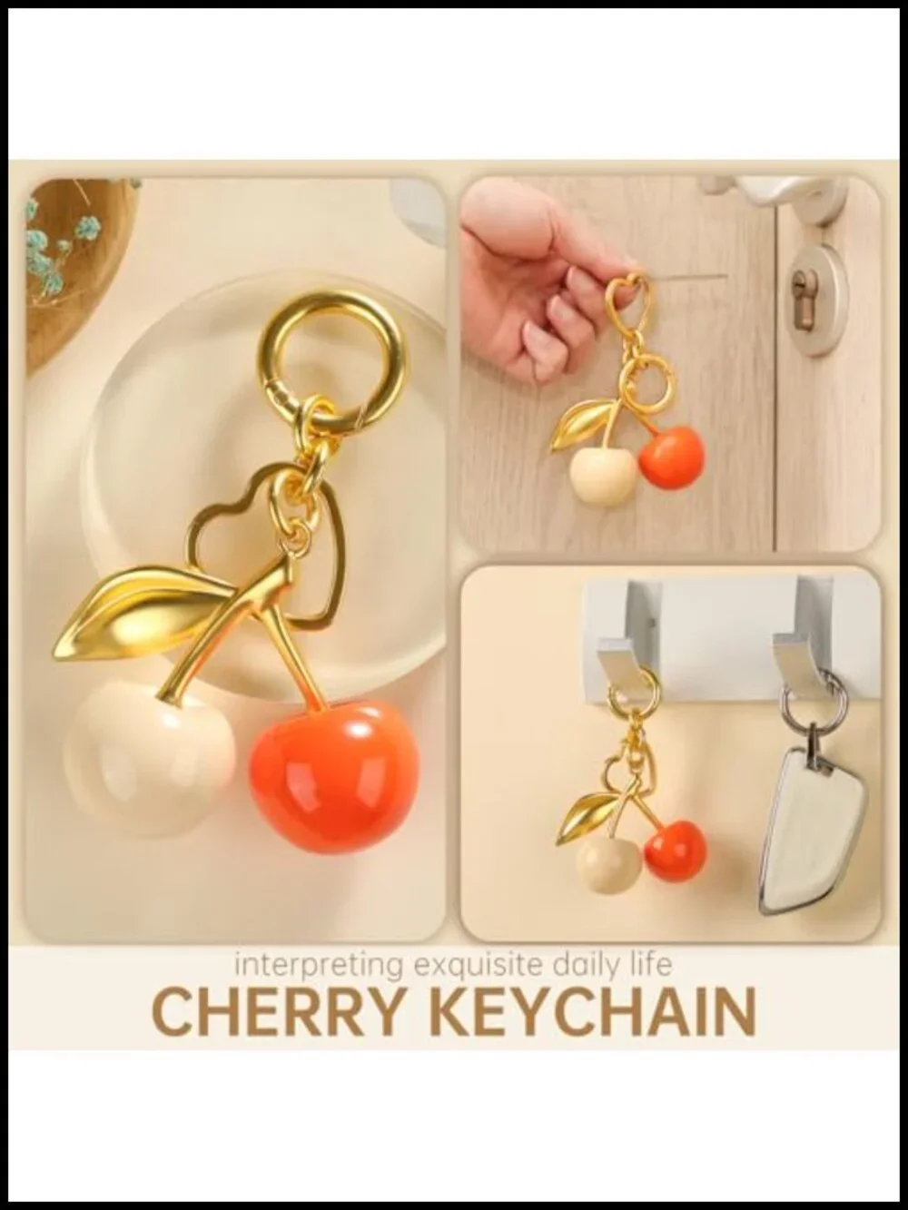 Cherry Bag Charm Heart Shaped Keychain Metal Resin Keyring for Purse Handbag